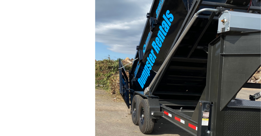 Rubber tire roll off dumpster rental ready for home renovation cleanup