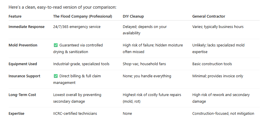 Comparison table outlining features, pros, and cons of The Flood Company, DIY Cleanup, and General Contractor for emergency remediation services.