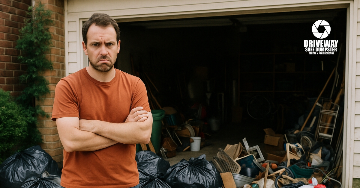 Homeowner deciding if renting a dumpster is worth it for junk removal.